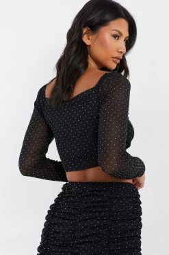Black Diamante Mesh Ruched Crop Top -Women Clothing Sale 00100035835 XB