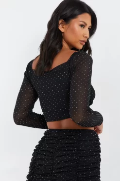 Black Diamante Mesh Ruched Crop Top -Women Clothing Sale 00100035835 XB scaled