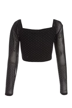 Black Diamante Mesh Ruched Crop Top -Women Clothing Sale 00100035835 ZB scaled