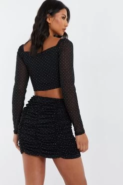 Black Diamante Mesh Mini Skirt -Women Clothing Sale 00100035837 XB