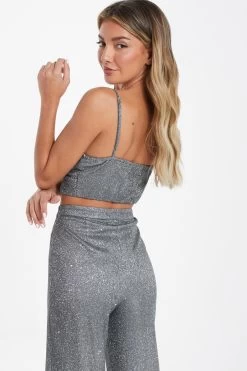 Silver Glitter Crop Top -Women Clothing Sale 00100035841 XB