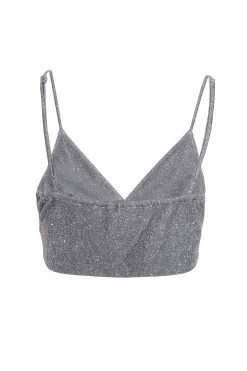 Silver Glitter Crop Top -Women Clothing Sale 00100035841 ZB