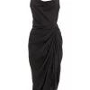 Black Satin Ruched Midi Dress
