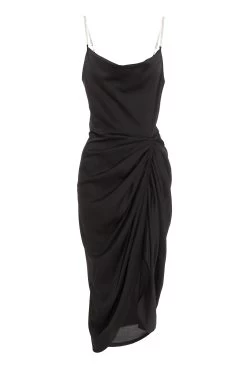 Black Satin Ruched Midi Dress