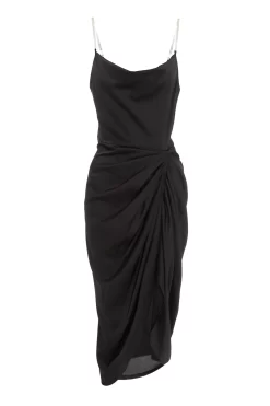 Black Satin Ruched Midi Dress