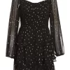 Black Chiffon Foil Tiered Mini Dress