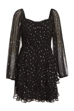 Black Chiffon Foil Tiered Mini Dress