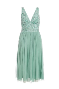 Green Sequin Tulle Midi Dress