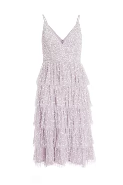 Lilac Sequin Tiered Midi Dress