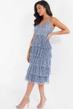 Blue Sequin Tiered Midi Dress -Women Clothing Sale 00100035928 XS