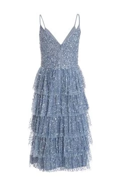 Blue Sequin Tiered Midi Dress -Women Clothing Sale 00100035928 ZB