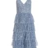 Blue Sequin Tiered Midi Dress