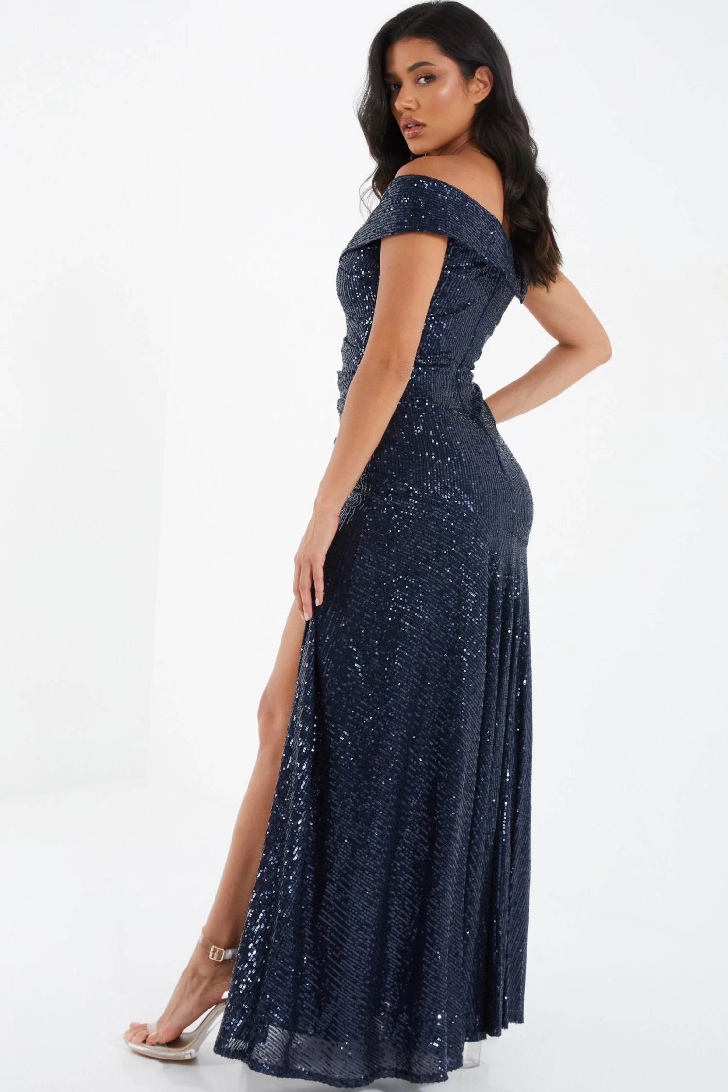 Navy Sequin Ruched Maxi Dress 3 Navy Sequin Ruched Maxi Dress - Image 3