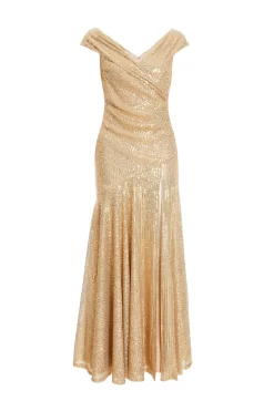 Gold Sequin Ruched Maxi Dress