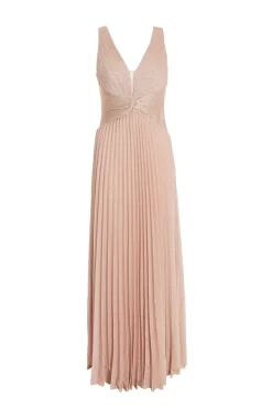 Nude Shimmer Pleated Maxi Dress
