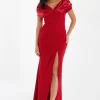 Red Satin Bardot Maxi Dress