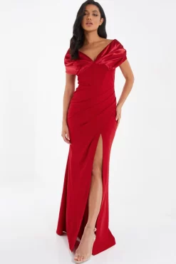 Red Satin Bardot Maxi Dress