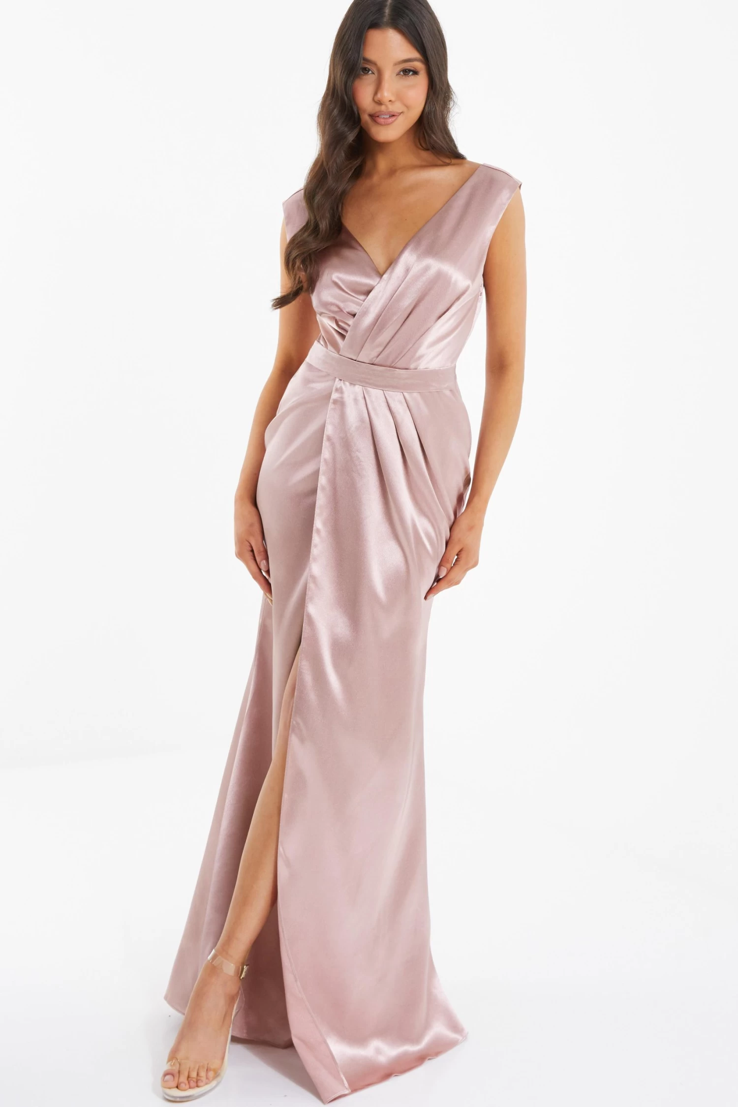 Pink Satin Wrap Split Leg Maxi Dress 2 Pink Satin Wrap Split Leg Maxi Dress - Image 2