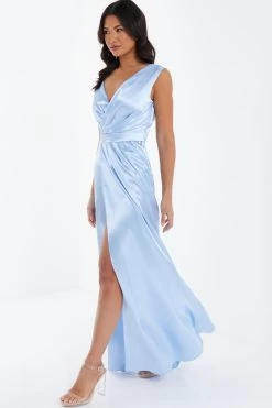 Light Blue Satin Wrap Split Leg Maxi Dress -Women Clothing Sale 00100035941 XS