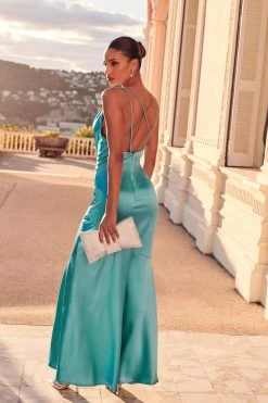 Aqua Satin Cross Back Maxi Dress 8 Aqua Satin Cross Back Maxi Dress -Women Clothing Sale 00100035943 XB