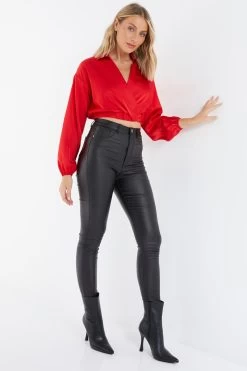 Red Satin Wrap Crop Top 9 Red Satin Wrap Crop Top -Women Clothing Sale 00100035988 XS