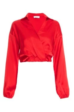 Red Satin Wrap Crop Top