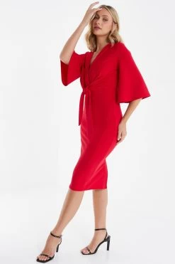 Red Tie Front Midi Dress -Women Clothing Sale 00100035999 XS