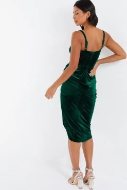 Bottle Green Velvet Ruched Midi Dress 8 Bottle Green Velvet Ruched Midi Dress -Women Clothing Sale 00100036001 XB