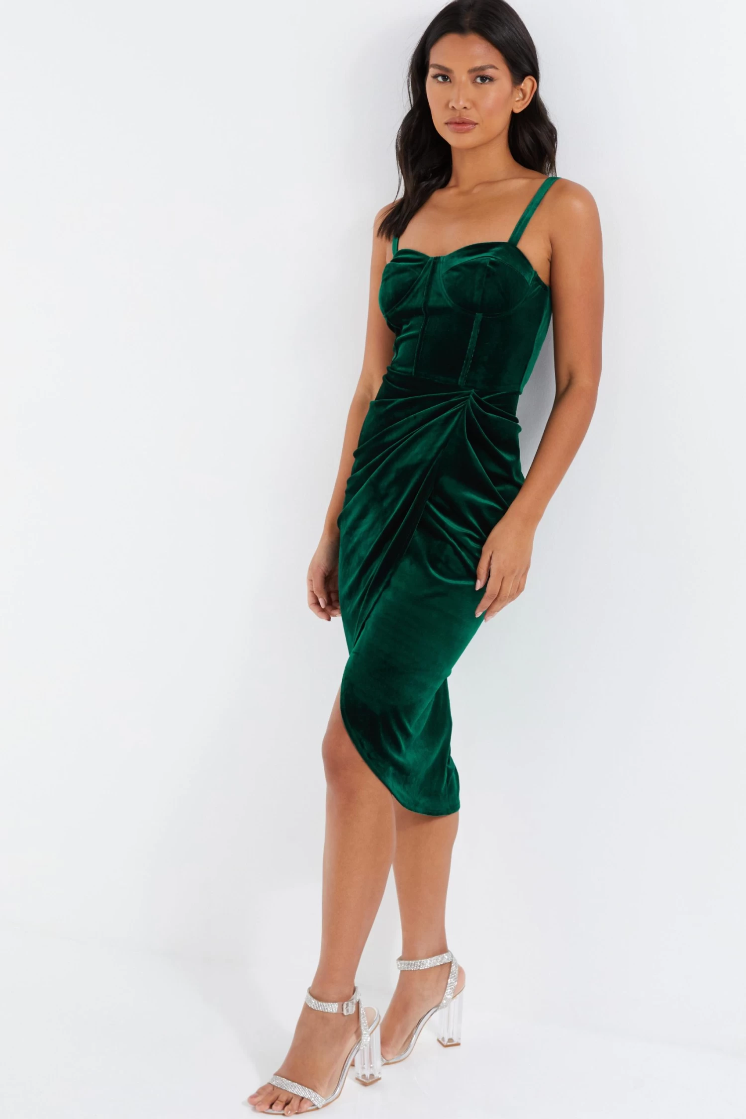 Bottle Green Velvet Ruched Midi Dress 4 Bottle Green Velvet Ruched Midi Dress - Image 4