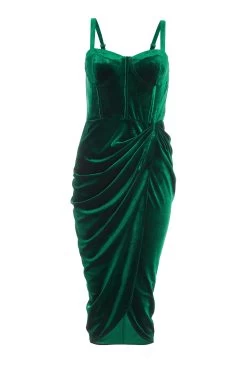 Women Clothing Sale 27 Bottle Green Velvet Ruched Midi Dress