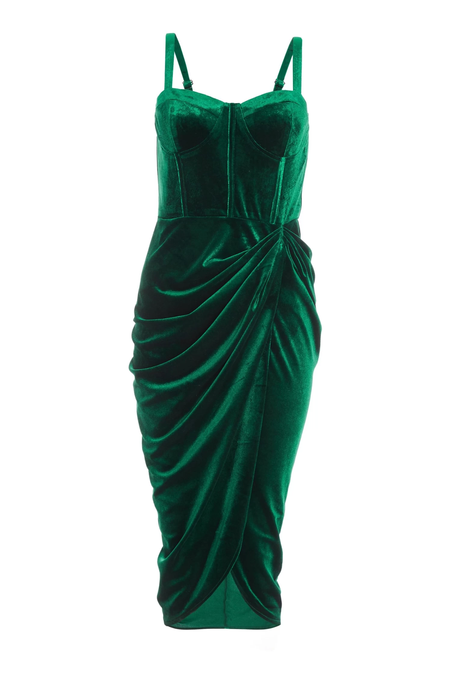 Bottle Green Velvet Ruched Midi Dress 1 Bottle Green Velvet Ruched Midi Dress