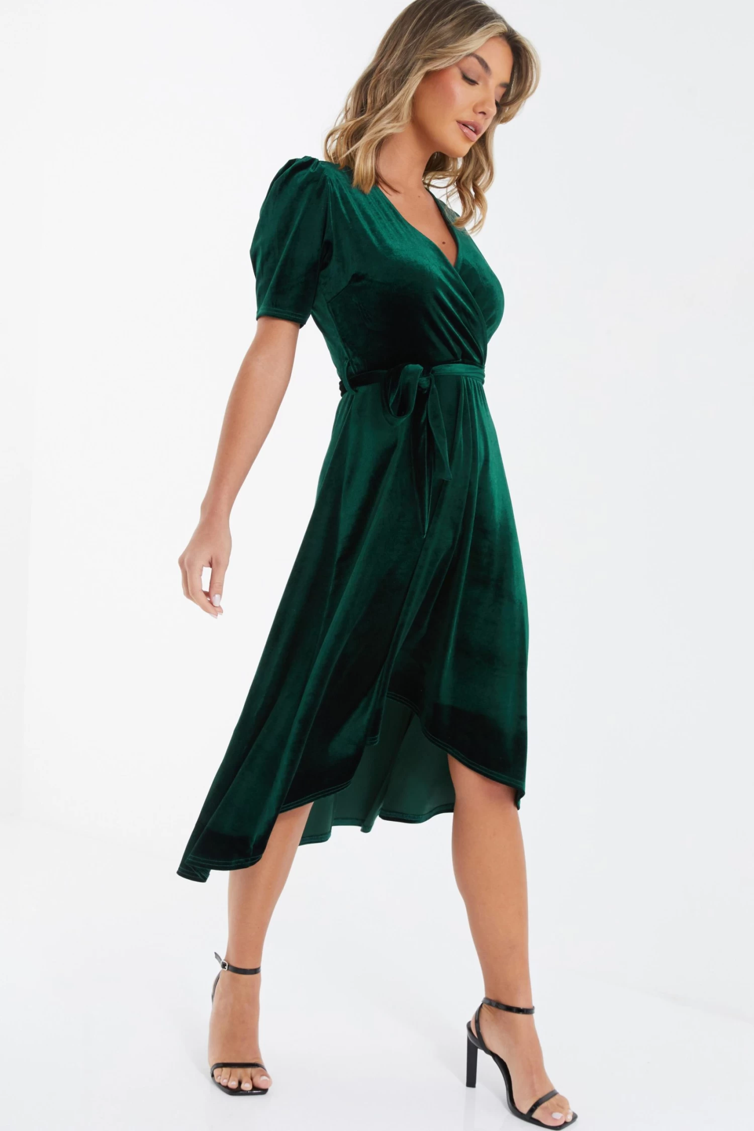 Bottle Green Velvet Wrap Midi Dress 4 Bottle Green Velvet Wrap Midi Dress - Image 4