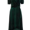 Bottle Green Velvet Wrap Midi Dress