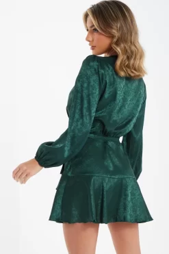 Bottle Green Satin Jacquard Floral Mini Dress -Women Clothing Sale 00100036024 XB scaled
