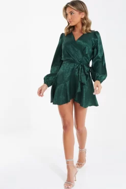 Bottle Green Satin Jacquard Floral Mini Dress -Women Clothing Sale 00100036024 XS scaled