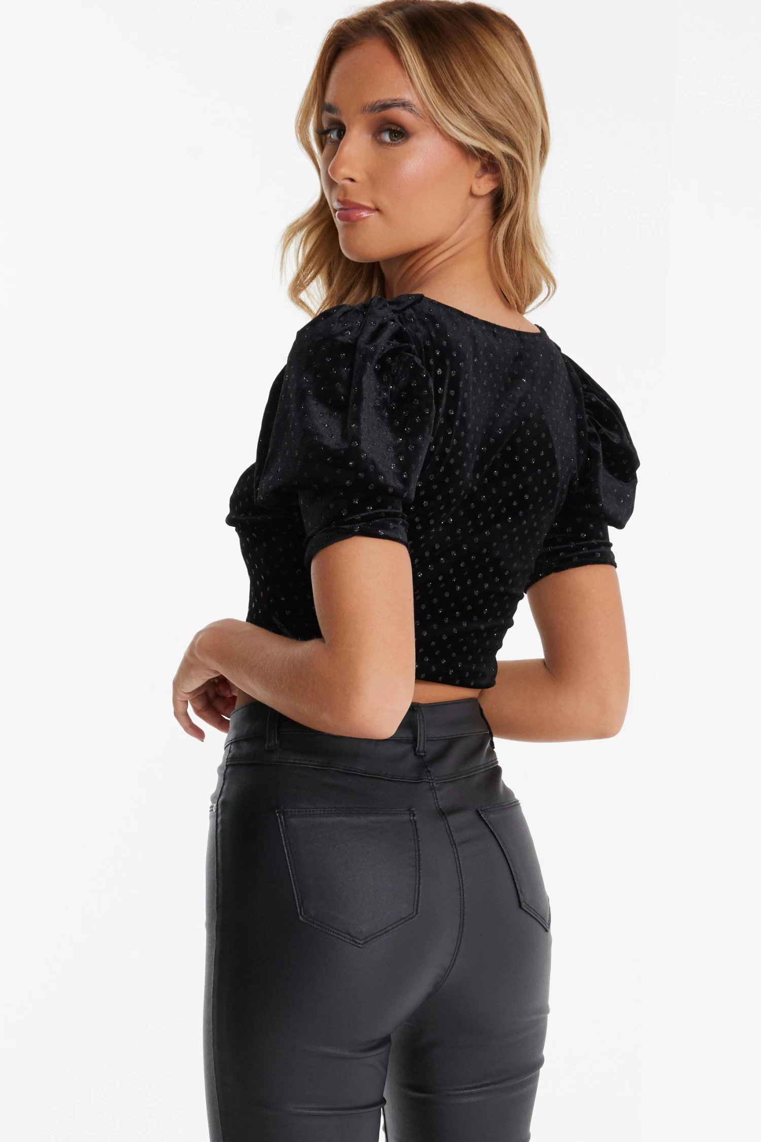 Black Velvet Glitter Polka Dot Crop Top 3 Black Velvet Glitter Polka Dot Crop Top - Image 3