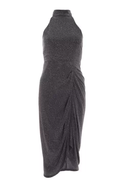 Grey Glitter Ruched Midi Dress