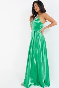 Jade Green Satin Maxi Dress -Women Clothing Sale 00100036084 XS