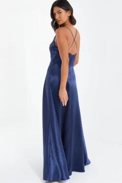 Navy Satin Maxi Dress -Women Clothing Sale 00100036085 XB scaled