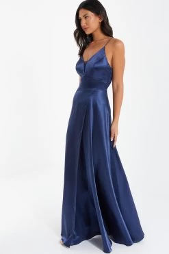 Navy Satin Maxi Dress -Women Clothing Sale 00100036085 XS