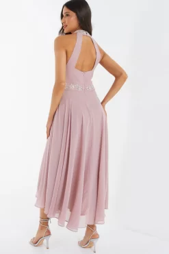 Pink Embellished Chiffon High Neck Midaxi Dress -Women Clothing Sale 00100036088 XB scaled