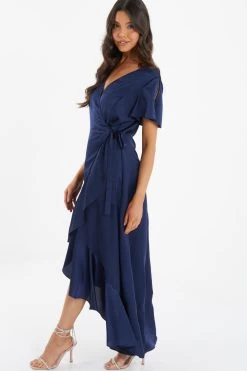 Navy Satin Wrap Maxi Dress 9 Navy Satin Wrap Maxi Dress -Women Clothing Sale 00100036141 XS