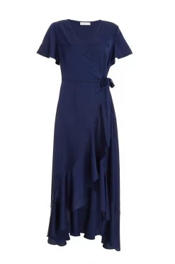 Navy Satin Wrap Maxi Dress