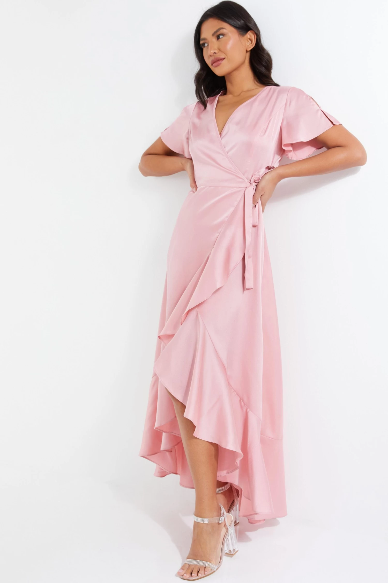 Pink Satin Wrap Maxi Dress 2 Pink Satin Wrap Maxi Dress - Image 2