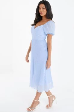 Light Blue Chiffon Crinkle Midi Dress -Women Clothing Sale 00100036159 XS