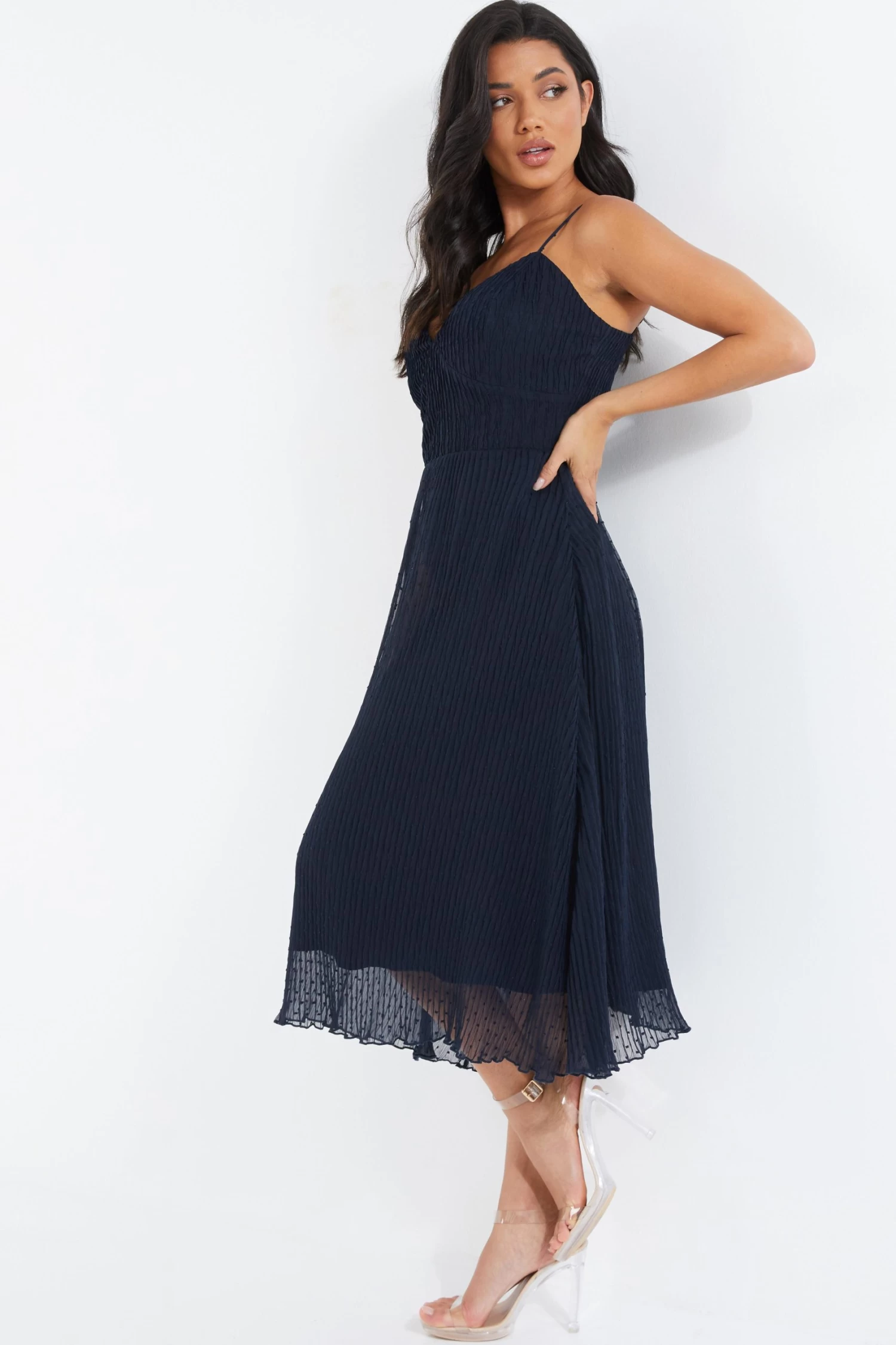 Navy Chiffon Crinkle Midi Dress 4 Navy Chiffon Crinkle Midi Dress - Image 4