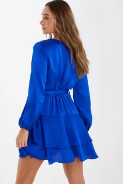 Blue Satin Wrap Mini Skater Dress -Women Clothing Sale 00100036162 XB scaled