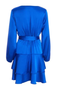 Blue Satin Wrap Mini Skater Dress -Women Clothing Sale 00100036162 ZB scaled