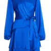 Blue Satin Wrap Mini Skater Dress
