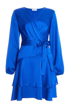 Blue Satin Wrap Mini Skater Dress